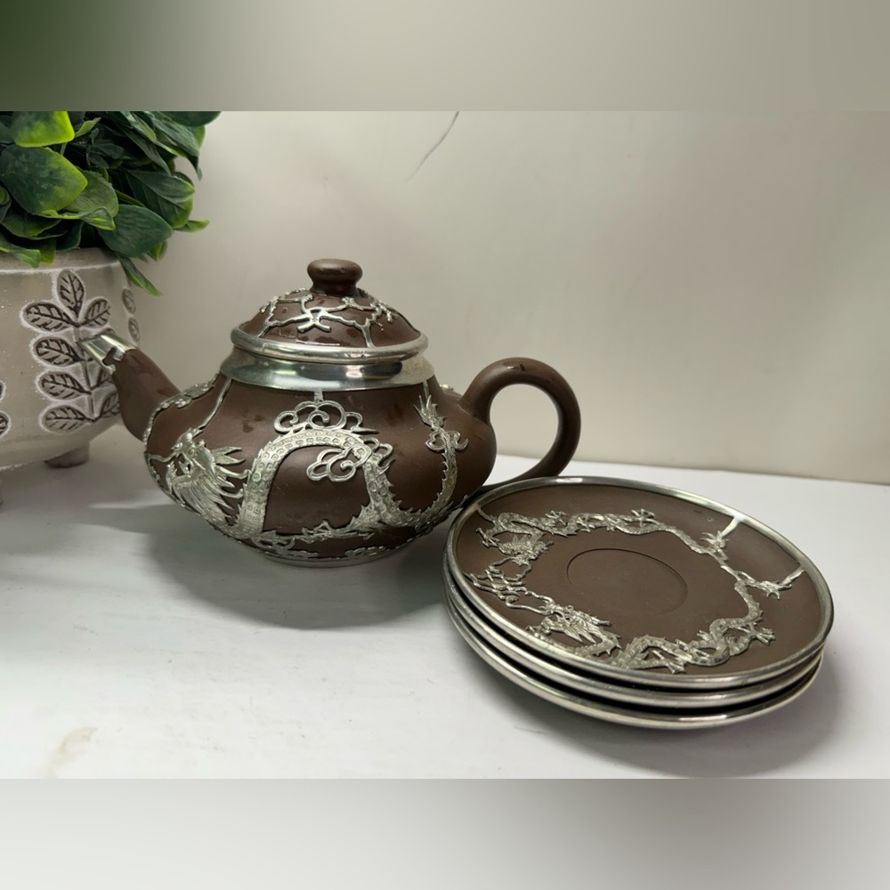 Chinese YIXING Clay Teapot w/ Partial Pewter Covering of Dragons Vintage 3 Plate